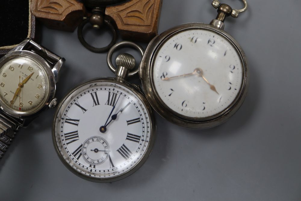 An 18th century silver pocket watch, chrome plated pocket watch, Benson wristwatch, continental silver pocket watch, in wood case (5)